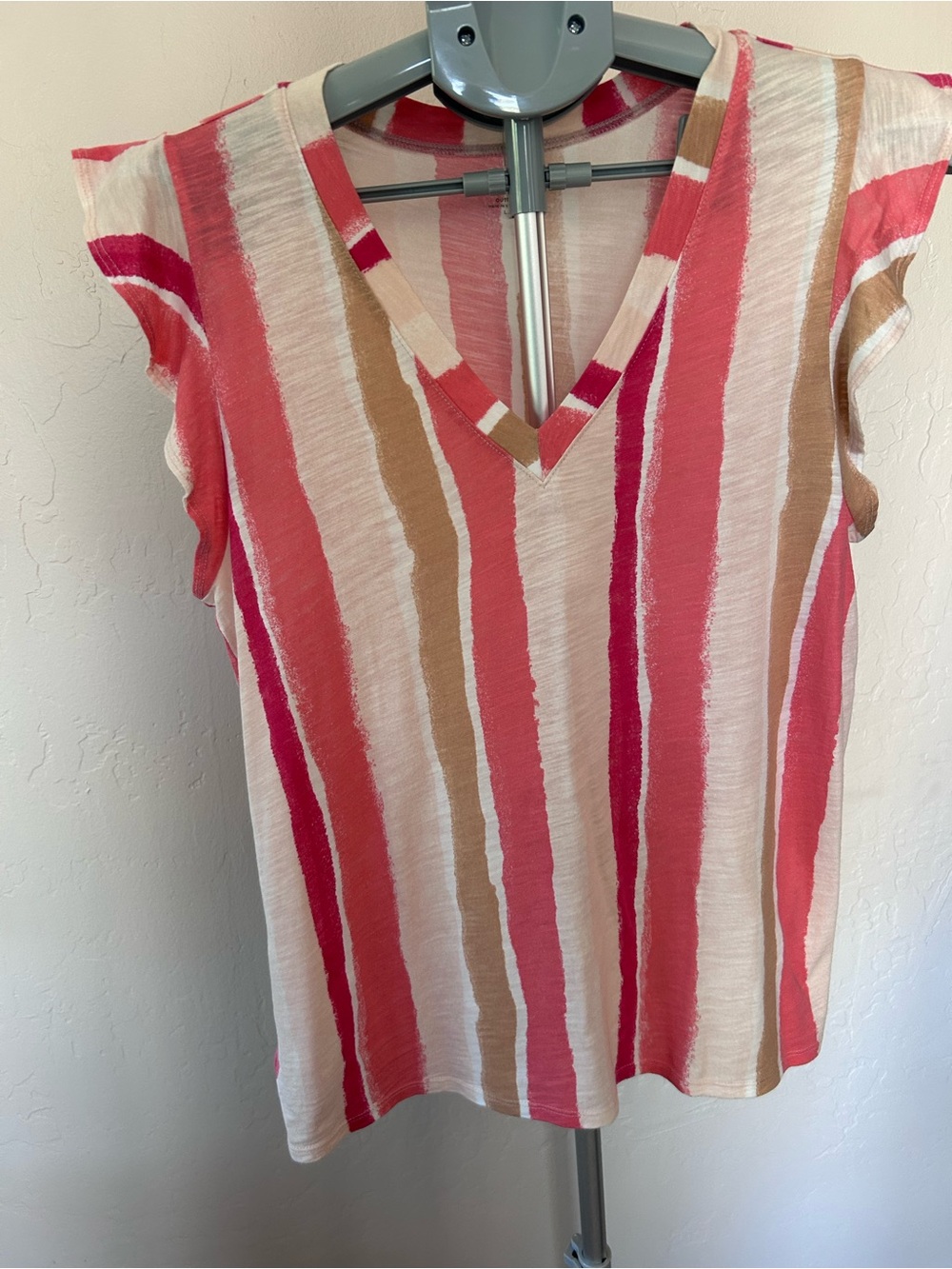 LOFT Pink, Coral & Tan Striped V-Neck Tank Top